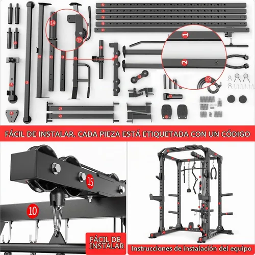 Vista 8 de Power Cage - Rack de Potencia Multifunción con Sistema de Cruce de Cables, Rack para Sentadillas de Capacidad de 1800 LBS con Banco de Pesas