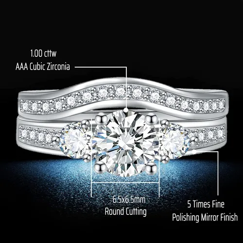 Vista 5 de Juego de anillos de novia de 1.8 quilates con circonita cúbica para mujer, anillos de boda vintage, tres piedras de promesa de oro de 18 quilates