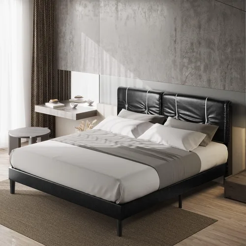 Vista 4 de BONSOIR Base de cama tamaño Queen tapizada de perfil bajo moderna con cabecera de piel sintética, no necesita somier, no necesita falda de cama