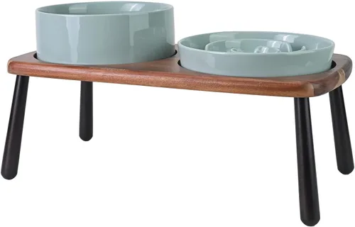 Vista 22 de SPUNKYJUNKY Cuencos elevados de cerámica para perros con soporte de bambú de acacia, juego de cuencos de agua y comida para perros y gatos de 6.1