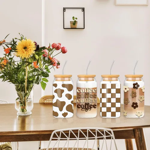 Vista 7 de Whaline Paquete de 4 vasos bohemios de 16 onzas con estampado de vaca, margaritas y flores a cuadros, con tapas de bambú, cepillos de limpieza