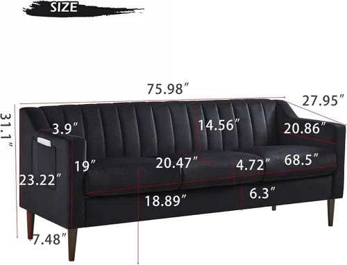 Vista 2 de Sofá Chesterfield de terciopelo moderno, sofá grande de 3 asientos, muebles de sofá de 76 pulgadas, cómoda funda tapizada con marco de madera y Negro