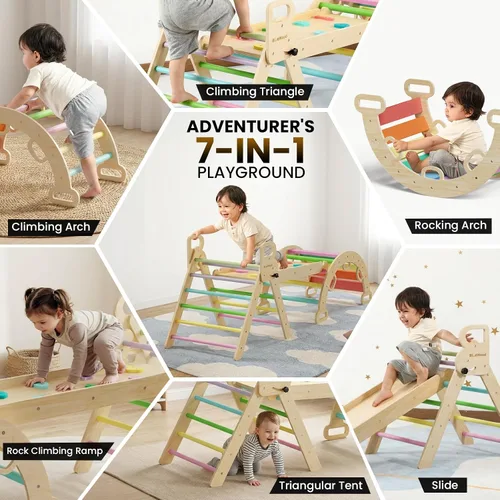 Vista 4 de BlueWood Pikler - Juego de triángulos 7 en 1 plegables, juguetes de escalada Montessori de madera con arco y rampa y escalera, escalador para bebés