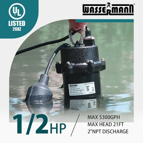 Vista 2 de WASSERMANN Bomba de aguas residuales de 1/2 HP con interruptor flotador automático, bomba sumergible de hierro fundido de 115V 5300 GPH, bomba