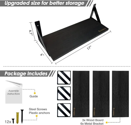 Vista 6 de Forbena Juego de 3 estantes flotantes negros para baño, estantes de madera para libros, estante rústico para almacenamiento, organizador de baño
