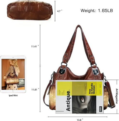 Vista 277 de Angel Barcelo - Bolsa de hombro amplia para mujer, diseño Hobo, cuero lavado