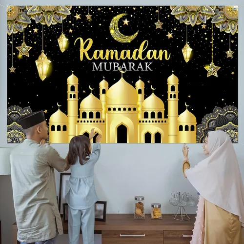 Vista 4 de Boyiee Decoración de Ramadán Mubarak, telón de fondo musulmán Ramadán Kareem, letrero de Eid Mubarak, fondo de cabina de fotos para el hogar, Negro