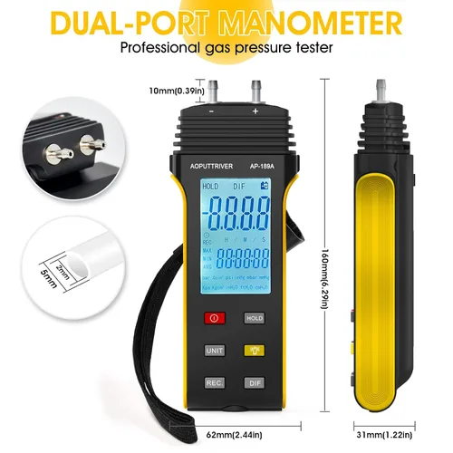 Vista 2 de Medidor de presión de aire con manómetro de doble puerto, 11 unidades seleccionables, pantalla LCD y temperatura interior con registro de datos