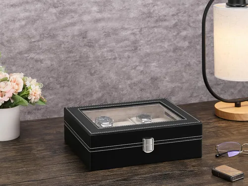 Vista 6 de GUKA Caja de reloj con 10 ranuras organizador de cristal real con cuero sintético para hombres y mujeres
