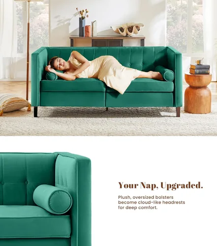 Vista 4 de Dreamsir Sofá de Terciopelo de 58'' de Ancho, Sofá Loveseat de Mediados de Siglo con Almohadas Cilíndricas, Sofá Capitoné con Botones para Sala
