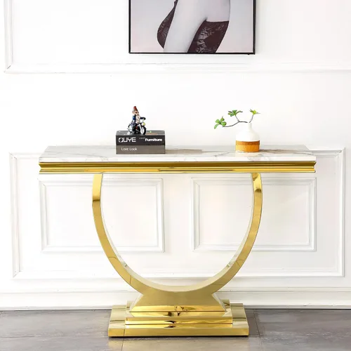 Vista 30 de Mesa de centro de mármol negro Henf de lujo, mesa auxiliar rectangular de mármol sintético de imitación con base de acero inoxidable dorado