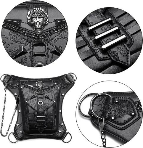 Vista 5 de Steampunk - Bolsa de cintura de piel para motocicleta, bandolera, bandolera, bandolera, bandolera, bolsa, negro - B, talla única