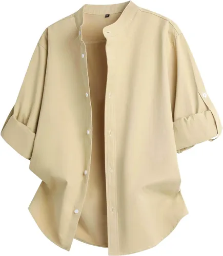 Vista 9 de Men's Roll-Up Sleeve Casual Button Down Shirts Stand Up Collar Summer Beach Shirt Loose Fit Lightweight Work Tops