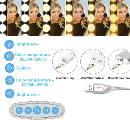 Vista 2 de Luces de Espejo de Tocador, 10 Bombillas Regulables DIY Estilo Hollywood Luces LED de Espejo de Maquillaje con Cable USB, Tira de Luminaria