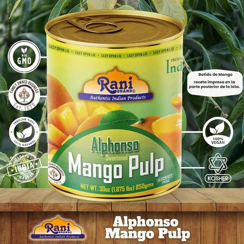 Vista 4 de Puré de pulpa de mango Rani (hace batidos de mango Lassi) Alphonso endulzado 30 onzas (1.875 libras) 29.98 oz ~ Kosher Todo natural Sin OMG