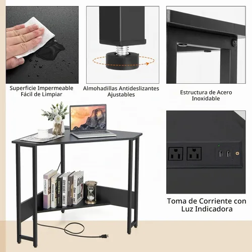 Vista 7 de Tangkula Escritorio esquinero con toma de corriente y puertos USB, escritorio triangular para computadora con estación de carga, estante de Negro