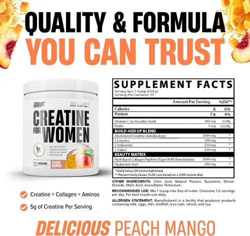 Vista 2 de Nutrex Research Creatina para mujer Booty & Beauty – Peach Mango 0.18 oz de creatina, 0.17 oz de colágeno, BCAA y ácido hialurónico para glúteos