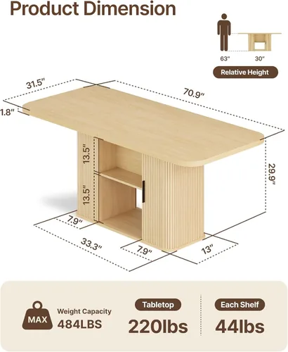 Vista 2 de SUNCOZE Mesas de comedor Mid-Centur para mesa de comedor rectangular de 4/6/8, 70.9 pulgadas con mesa grande y puertas correderas de tambor, mesa