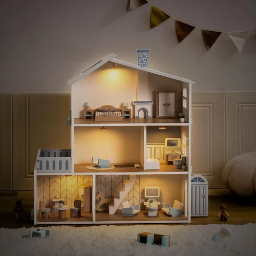 Vista 9 de ROBUD Casa de Muñecas, Casa de Muñecas de Madera con 6 Habitaciones, 29 Piezas de Accesorios Realistas, Juego de Casa de Muñecas para Muñecas de 4-6