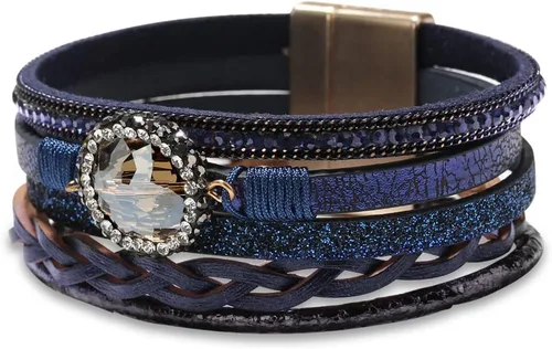 Vista 10 de Fesciory - Pulsera de leopardo para mujer, estilo bohemio de cuero multicapa con perlas de cristal