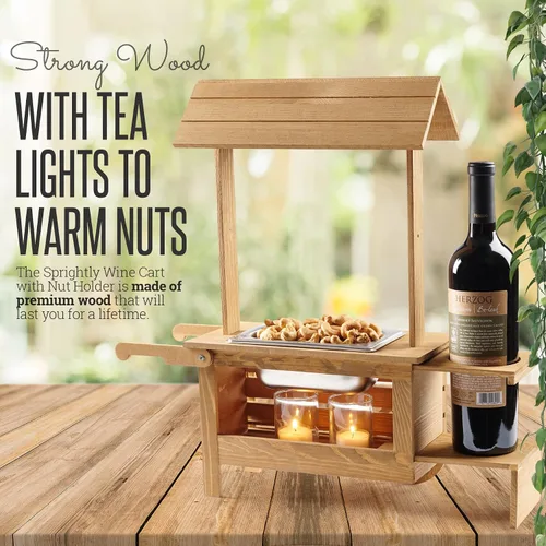 Vista 5 de Soporte para botellas de vino con bandeja para servir aperitivos, carrito de madera de mesa para dulces y calentador de nueces con capacidad para 1