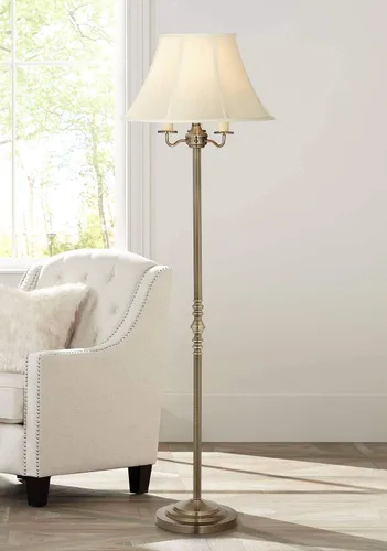 Vista 2 de Regency Hill, lámpara de pie de latón envejecido Montebello Shabby Chic Standing Pole Antique Gold Metal Off White Bell Shade Candelabra Decor for
