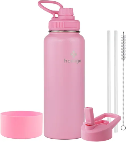 Vista 21 de Botella de agua aislada de 64 onzas con tapa de popote y tapa de boquilla, jarra de agua de medio galón de acero inoxidable con mango de paracord