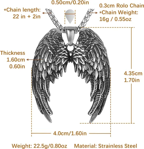 Vista 5 de HZMAN Collar de ala de ángel para hombres y mujeres, acero inoxidable, gótico, punk, ala de ángel, cruzcolgante de ángel, amuleto de fe, regalo