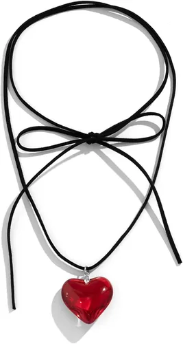 Vista 9 de Mullike Gargantilla de corazón grueso para mujer, collar con colgante de corazón de cristal grande con elegante lazo trenzado ajustable, cadena 1.4