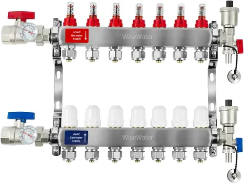 Vista 9 de AB Colector PEX de 2 bucles/radiante, salidas compatibles de 1/2 pulgada, válvula de flujo de hasta 1.4 GPM para calefacción radiante hidrónica