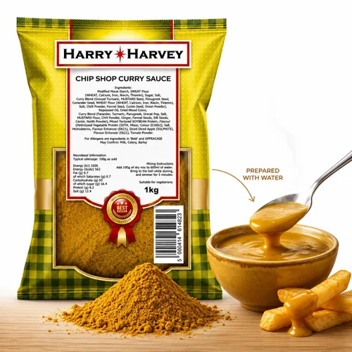 Vista 2 de Harry Harvey 10.58 oz Chip Shop Curry Sauce Powder, Chippy, Takeaway Chips Curries. Como lo utilizan Chippies y Fish Shops