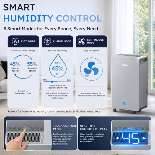 Vista 7 de Deshumidificador con certificado Energy Star, para 5000 sq. ft., máx. 12.5 gal, estándar: 8.75 gal, con manguera de drenaje, con control