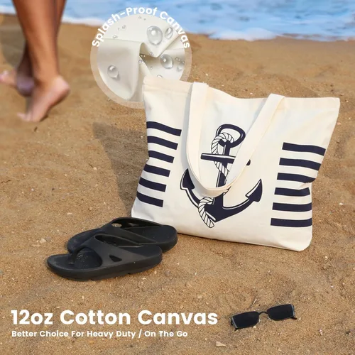 Vista 5 de Bolsa de lona con diseño náutico de anclaje con bolsillo interior, cremallera superior, bolsas de comestibles reutilizables para mujeres, playa