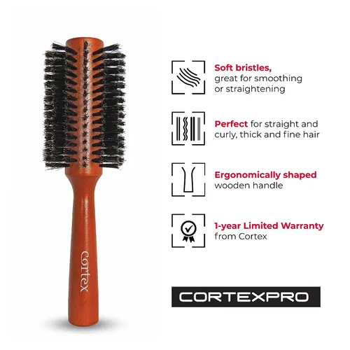 Vista 3 de Cortex Professional Cepillo térmico de cerdas de jabalí 100% natural, cepillo redondo para mujeres y hombres de pelo corto, mango de cepillos