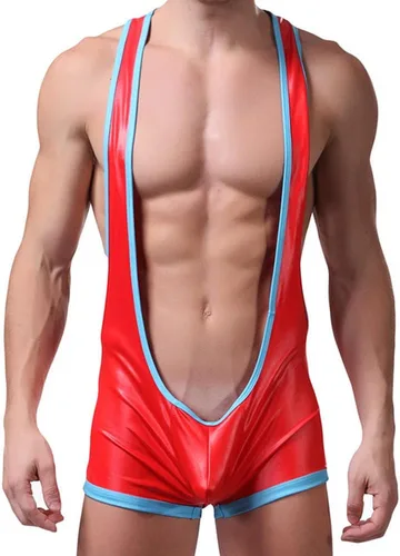Vista 2 de Leotardo de cuero sintético para hombre, ropa interior de una sola pieza, lencería sexy para lucha libre