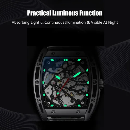 Vista 4 de RORIOS Reloj mecánico automático para hombre, con correa de piel, reloj luminoso, reloj de viento automático Tonneau