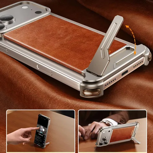 Vista 3 de Magnetic Case for iPhone 17/17 Air/17 Pro/17 Pro Max, Luxury Genuine Leather Oil Wax Cover Metal Borderless Holder Shell Wireless Charging(Silver,17
