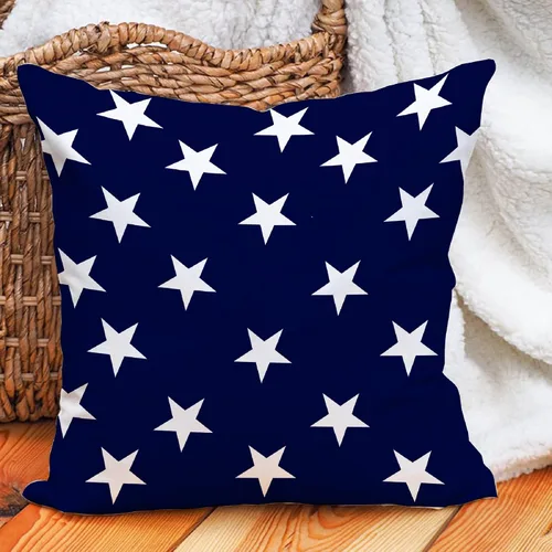 Vista 2 de Leaveland Funda de almohada cuadrada de lino y algodón de 16 x 16 pulgadas con estampado de estrella blanca y azul marino, 4 de julio, Día