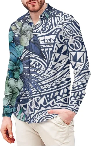 Vista 9 de Camisas polinesias para hombre con patrones de hojas tropicales polinesias, camisa hawaiana de manga larga para hombre, ropa de vacaciones de otoño