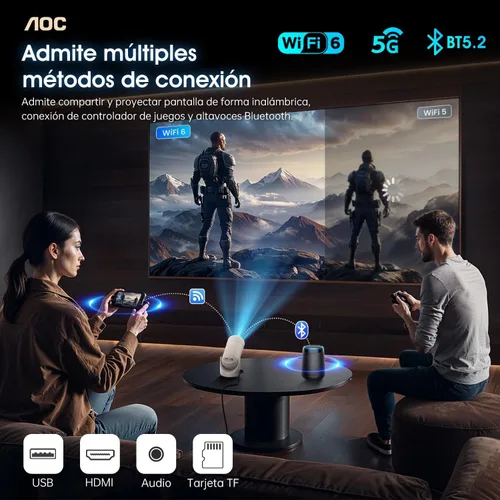 Vista 3 de AOC Mini proyector con WiFi y Bluetooth, proyector inteligente Full HD 4K compatible con ajuste de rotación de 180°, 220 ANSI, 8000 lúmenes