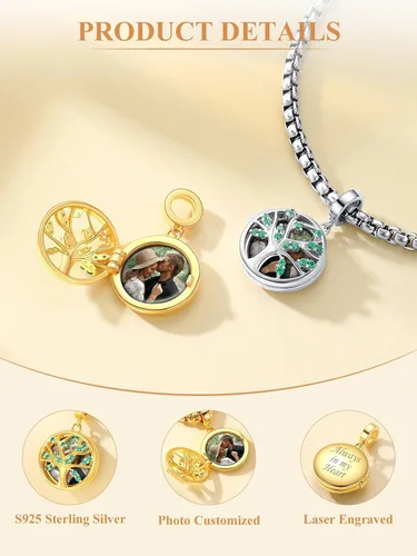 Vista 25 de Custom4U Photo Charms for Bracelets 925 Sterling Silver/Gold Plated Heart/Tree of Life/Round Charm Bead Personalized with Picture Custom
