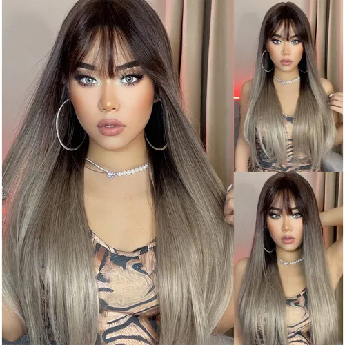 Vista 8 de BERON Pelucas negras de cabello largo liso con flequillo, para mujer, a la moda, resistente al calor, sintético, aspecto natural, para fiesta
