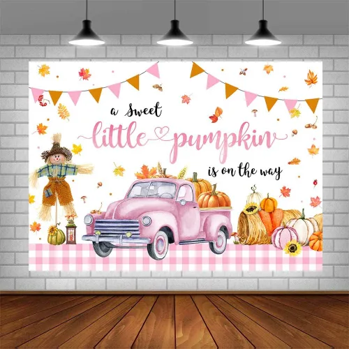 Vista 2 de AIBIIN Telón de fondo de calabaza para baby shower de 7 x 5 pies para niñas, otoño y otoño, decoración de fiesta de baby shower, coche rosa