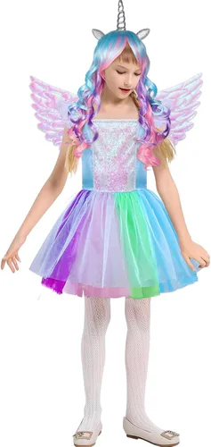Vista 2 de G.C Vestido de unicornio para niñas, disfraz de princesa con diadema y alas para niños, falda tutú de manga con vuelo, regalos de Halloween