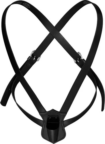 Vista 3 de JAY-PEE - Portador de bandera de desfile de doble correa, arnés de cuero negro ajustable Shield Backing and Durable Plastic Cup, Comfortable Neck