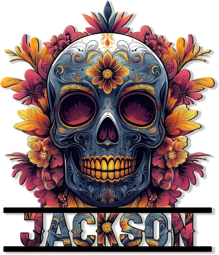 Vista 5 de Letrero de metal personalizado con calavera, letrero colgante de calavera para porche al aire libre, valla de pared con nombre personalizado, patio