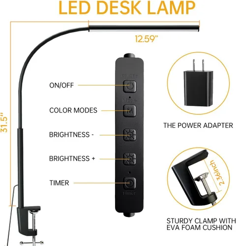 Vista 2 de Lámpara de escritorio LED con abrazadera, 5 modos de color y 10 niveles de brillo, luz de escritorio para cuidado de los ojos, cuello de cisne