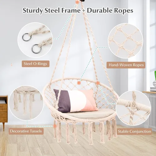 Vista 6 de Tangkula Silla hamaca con cojín, estilo bohemio de macramé con kit de accesorios para colgar y correa, columpio de cuerda colgante para interiores