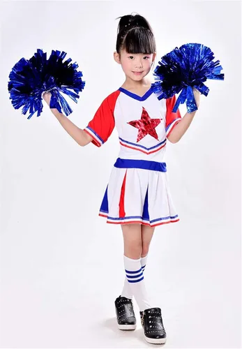 Vista 2 de Conjunto de uniforme de animadora para niñas y niñas, con falda, calcetines a la rodilla, con pompones, conjunto de vestido