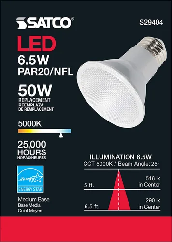 Vista 6 de Satco S29404 - Bombillas reflectoras LED PAR20 de 6,5 W, 5000 K, luz diurna, 520 lúmenes, ángulo de haz de 25 lúmenes, 120 voltios, regulable